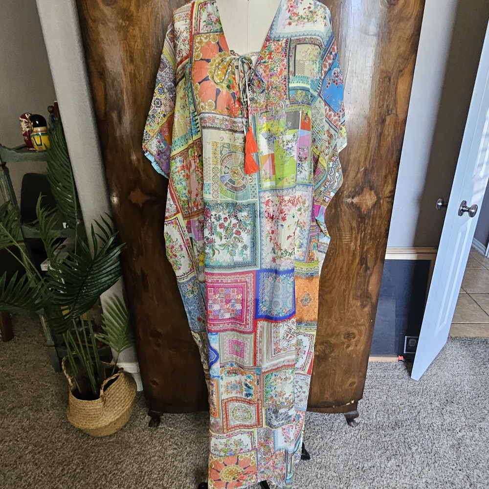 Johnny Was Multi-Color Patchwork Maxi Dress with Orange Tassel